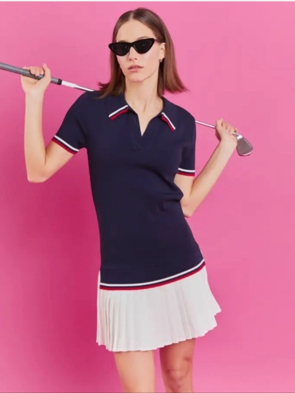 English Factory Navy Polo Dress with White Pleated Hem